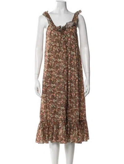 Pre-owned Doen Floral Print Midi Length Dress In Brown
