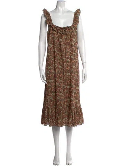 Pre-owned Doen Floral Print Midi Length Dress In Brown