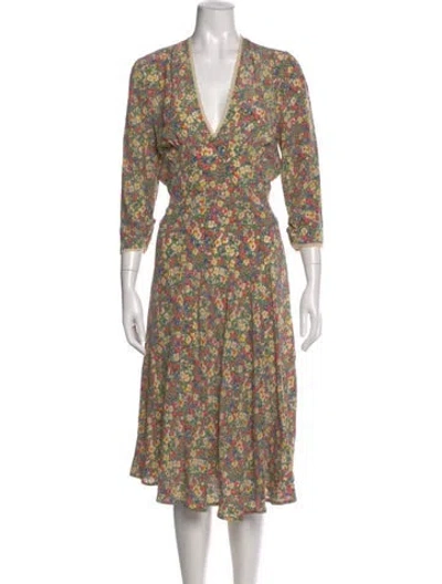 Pre-owned Doen Floral Print Midi Length Dress In Green