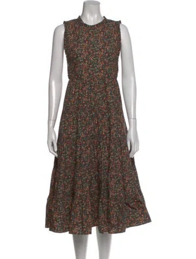 Pre-owned Doen Floral Print Midi Length Dress In Green