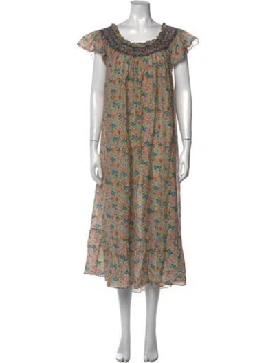 Pre-owned Doen Floral Print Midi Length Dress In Green