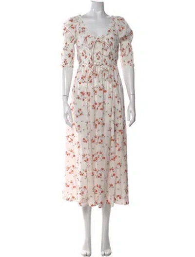 Pre-owned Doen Floral Print Midi Length Dress W/ Tags In White
