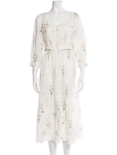 Pre-owned Doen Floral Print Midi Length Dress In White