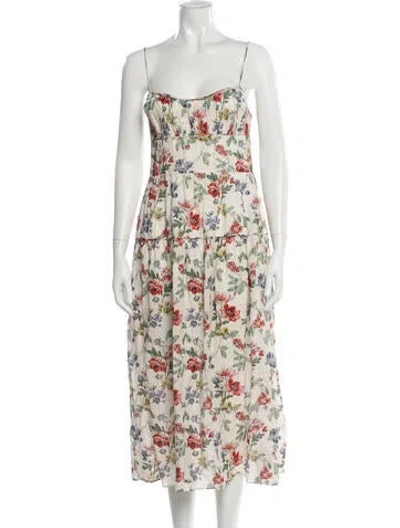 Pre-owned Doen Floral Print Midi Length Dress In White
