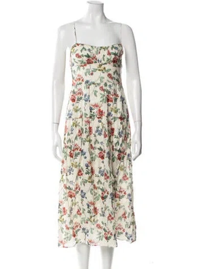Pre-owned Doen Floral Print Midi Length Dress In White