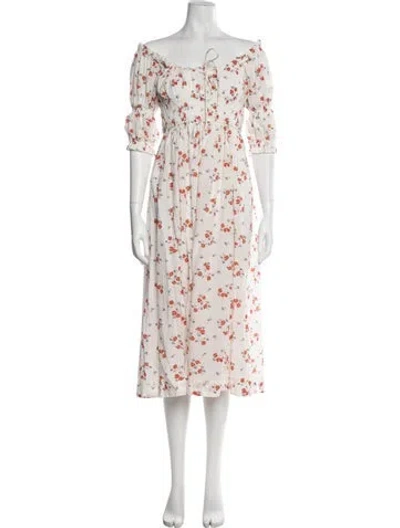 Pre-owned Doen Floral Print Midi Length Dress In White