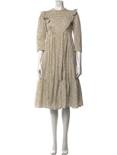 Pre-owned Doen Floral Print Midi Length Dress In White