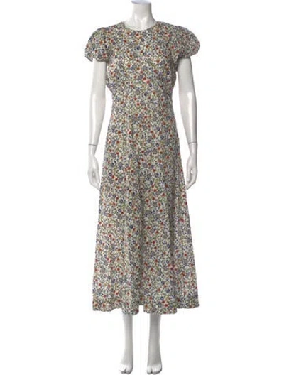 Pre-owned Doen Floral Print Midi Length Dress In White