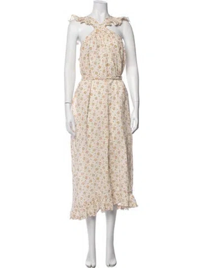 Pre-owned Doen Floral Print Midi Length Dress In White