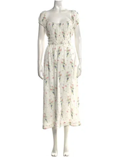 Pre-owned Doen Floral Print Midi Length Dress In White