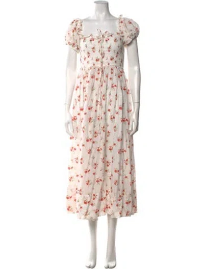 Pre-owned Doen Floral Print Midi Length Dress In White