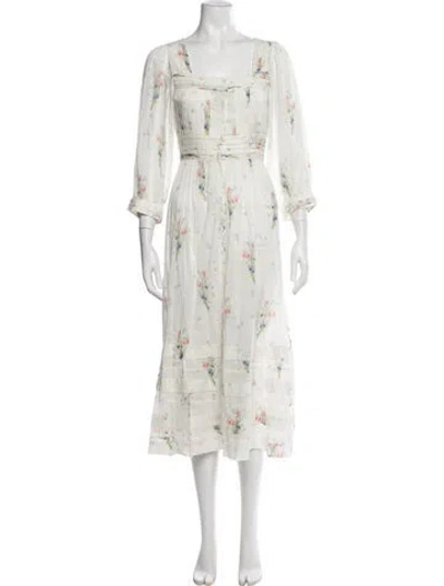 Pre-owned Doen Floral Print Midi Length Dress In White