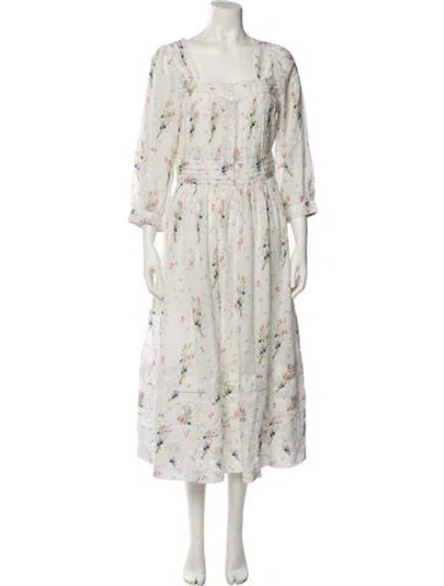 Pre-owned Doen Floral Print Midi Length Dress W/tags In White