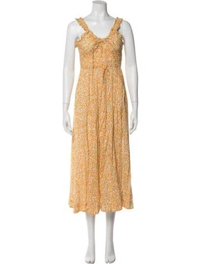 Pre-owned Doen Floral Print Midi Length Dress In Yellow