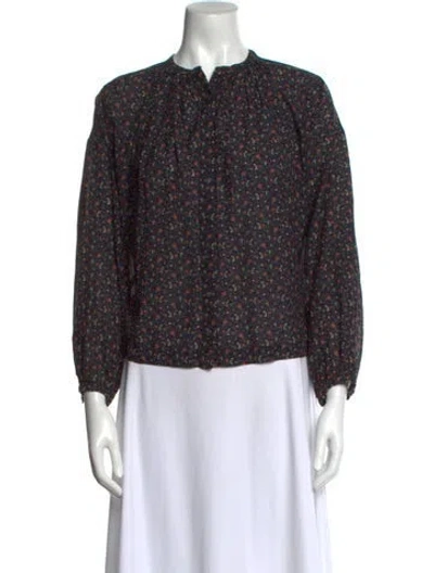 Pre-owned Doen Floral Print Mock Neck Blouse In Black