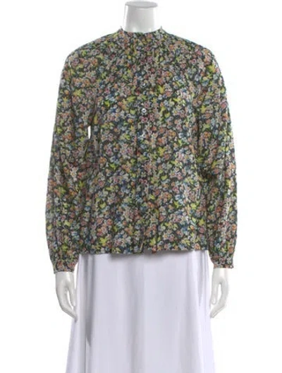 Pre-owned Doen Floral Print Mock Neck Blouse In Black