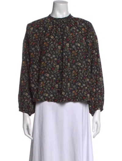 Pre-owned Doen Floral Print Mock Neck Blouse In Black