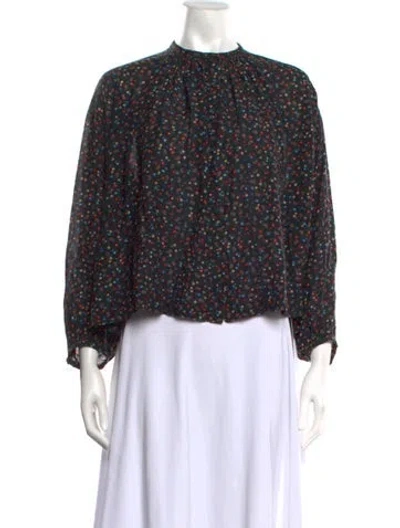 Pre-owned Doen Floral Print Mock Neck Blouse In Black