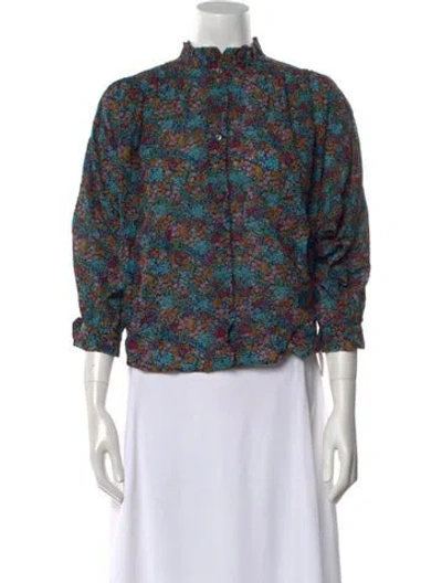 Pre-owned Doen Floral Print Mock Neck Blouse In Blue