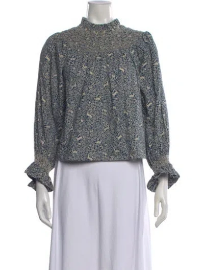 Pre-owned Doen Floral Print Mock Neck Blouse In Blue