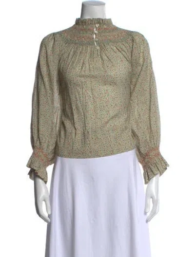 Pre-owned Doen Floral Print Mock Neck Blouse In Green