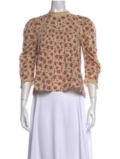 Pre-owned Doen Floral Print Mock Neck Blouse In Neutrals