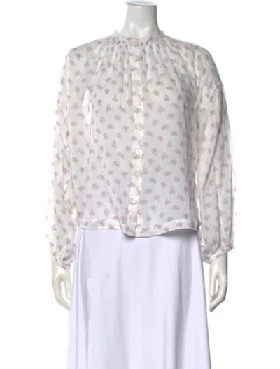 Pre-owned Doen Floral Print Mock Neck Blouse In White