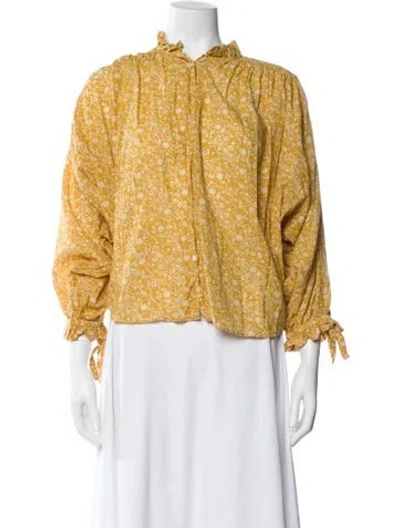 Pre-owned Doen Floral Print Mock Neck Blouse In Yellow