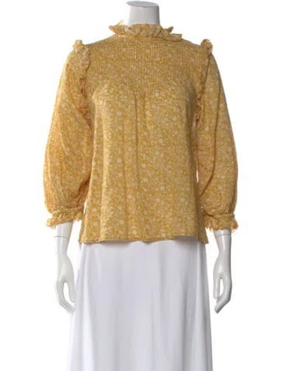 Pre-owned Doen Floral Print Mock Neck Blouse In Yellow