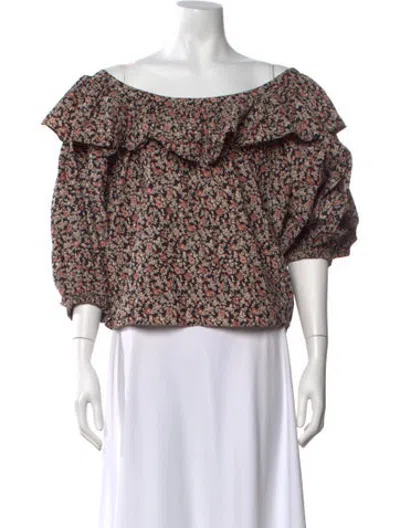 Pre-owned Doen Floral Print Off-the-shoulder Blouse In Black