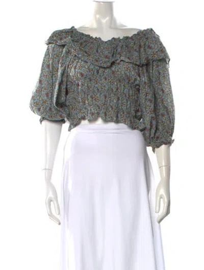 Pre-owned Doen Floral Print Off-the-shoulder Blouse In Blue