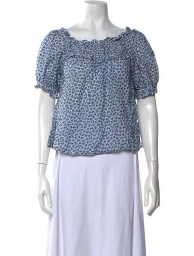 Pre-owned Doen Floral Print Off-the-shoulder Blouse In Blue