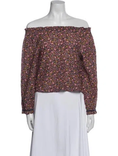 Pre-owned Doen Floral Print Off-the-shoulder Crop Top In Pink
