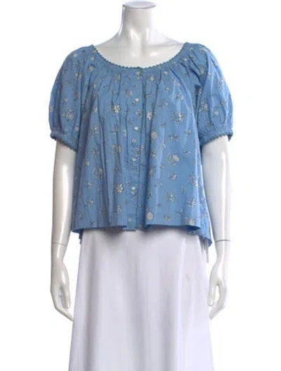 Pre-owned Doen Floral Print Scoop Neck Blouse In Blue