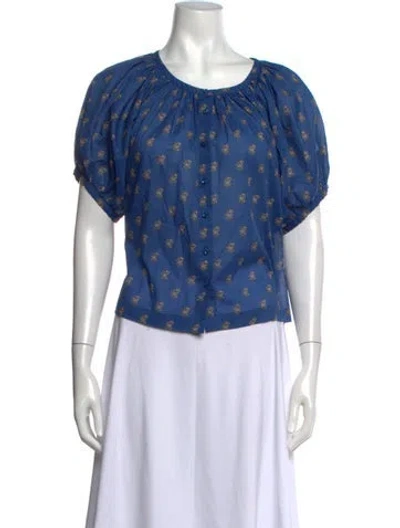 Pre-owned Doen Floral Print Scoop Neck Blouse In Blue