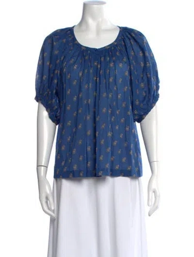Pre-owned Doen Floral Print Scoop Neck Blouse In Blue