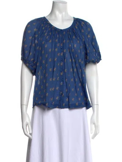 Pre-owned Doen Floral Print Scoop Neck Blouse In Blue