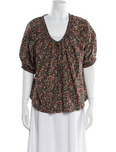 Pre-owned Doen Floral Print Scoop Neck Blouse In Green