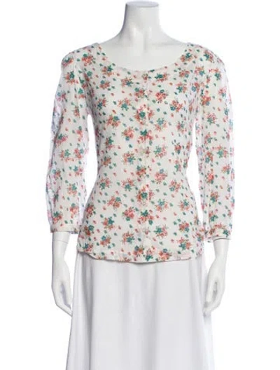 Pre-owned Doen Floral Print Scoop Neck Blouse In White