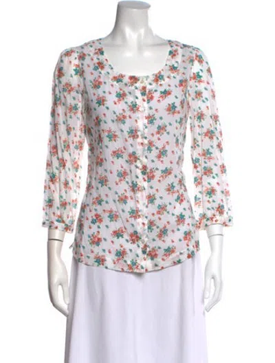 Pre-owned Doen Floral Print Scoop Neck Blouse In White
