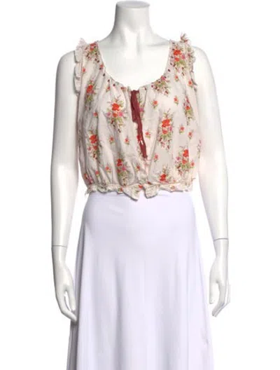 Pre-owned Doen Floral Print Scoop Neck Blouse In White