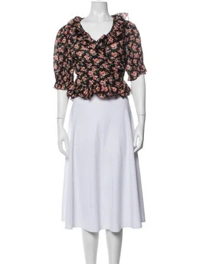 Pre-owned Doen Floral Print Short Sleeve Blouse In Black