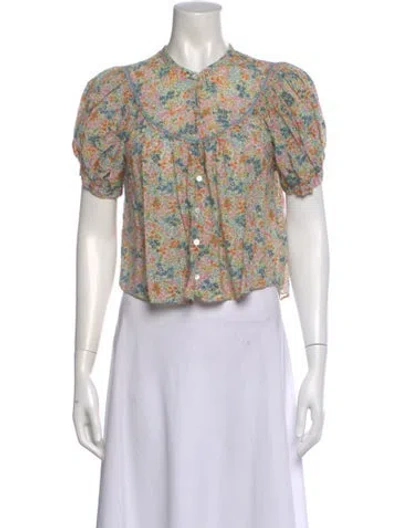 Pre-owned Doen Floral Print Short Sleeve Blouse In Green