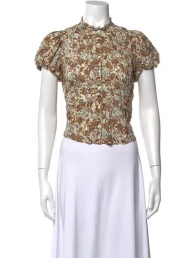 Pre-owned Doen Floral Print Short Sleeve Blouse In Neutral