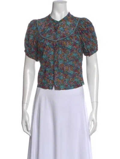 Pre-owned Doen Floral Print Short Sleeve Blouse In Pink