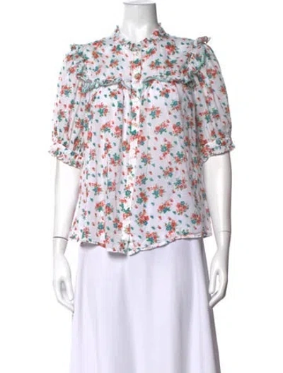 Pre-owned Doen Floral Print Short Sleeve Blouse In White