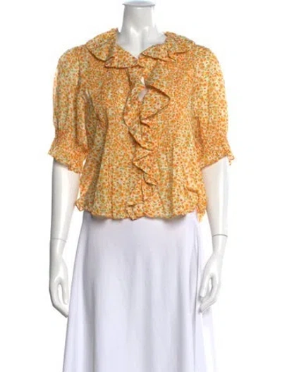 Pre-owned Doen Floral Print Short Sleeve Blouse In Yellow