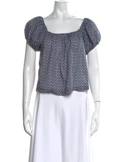 Pre-owned Doen Floral Print Square Neckline Blouse In Blue