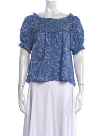 Pre-owned Doen Floral Print Square Neckline Blouse In Blue