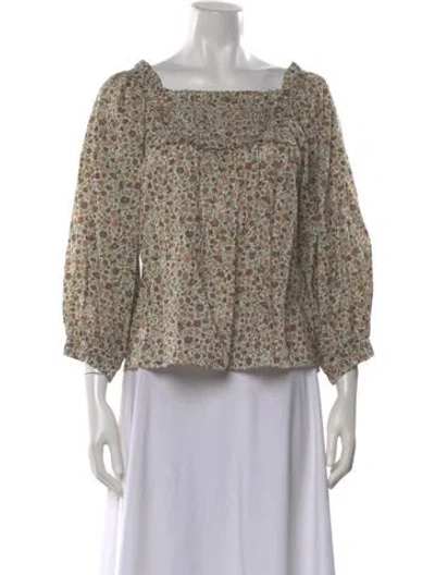 Pre-owned Doen Floral Print Square Neckline Blouse In Green
